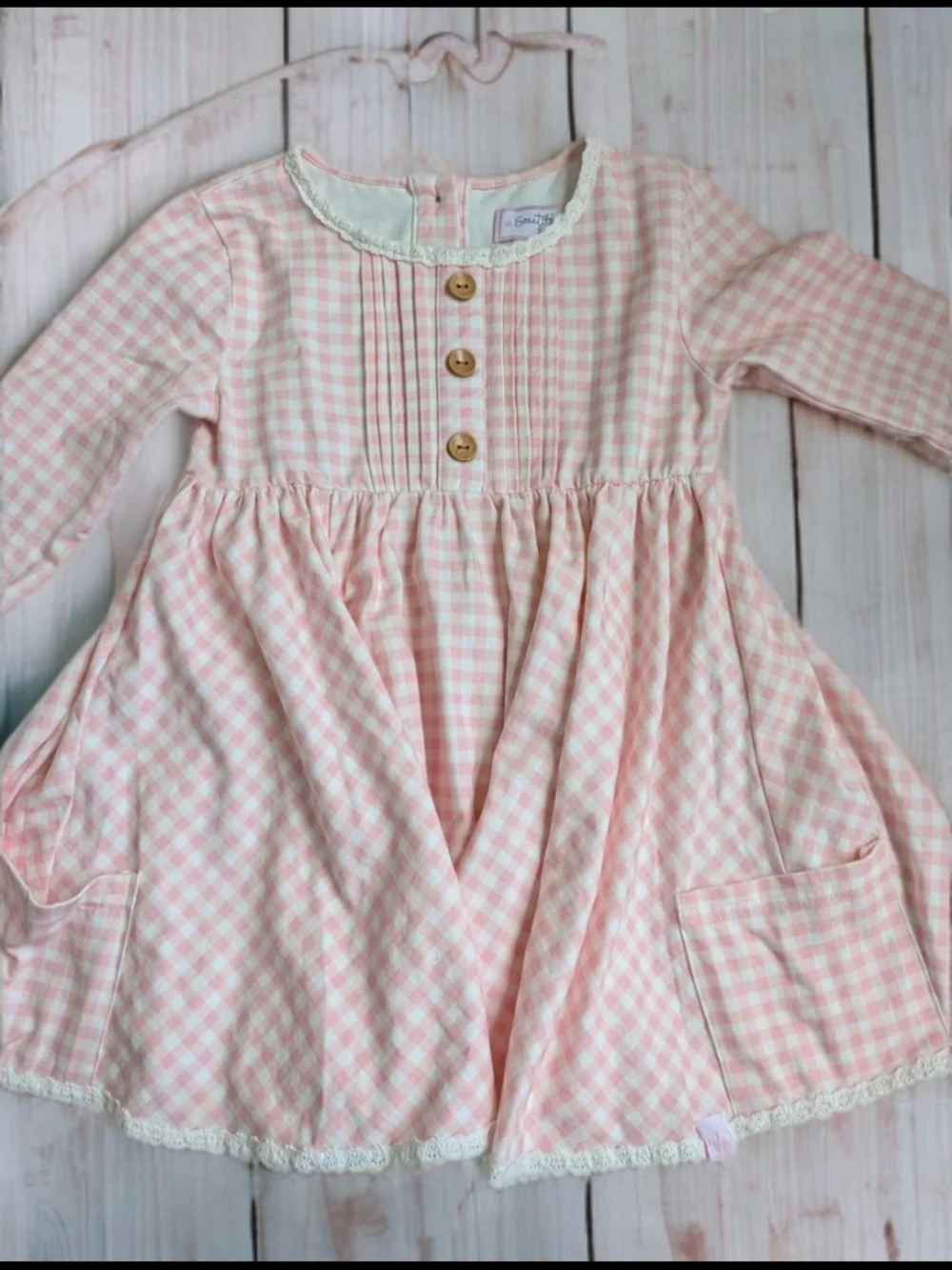 SweetHoney Pink and White Gingham Long-Sleeve Dress with Wooden Buttons